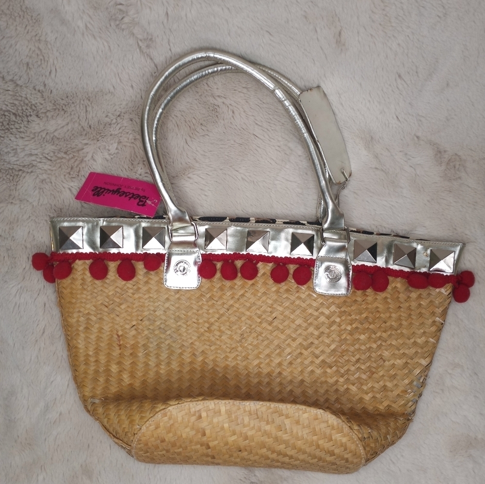 Vintage Betsey Johnson Betseyville NWT Floral Raffia Straw Tote w Silver Trim - Picture 2 of 6